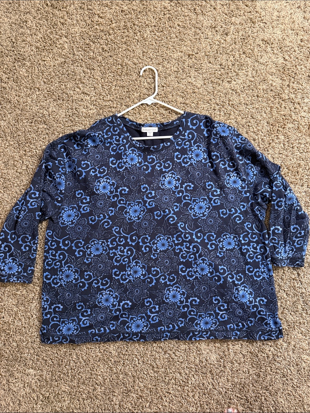 Coldwater Creek Navy & Light Blue Floral-Scroll Long Sleeve Tee